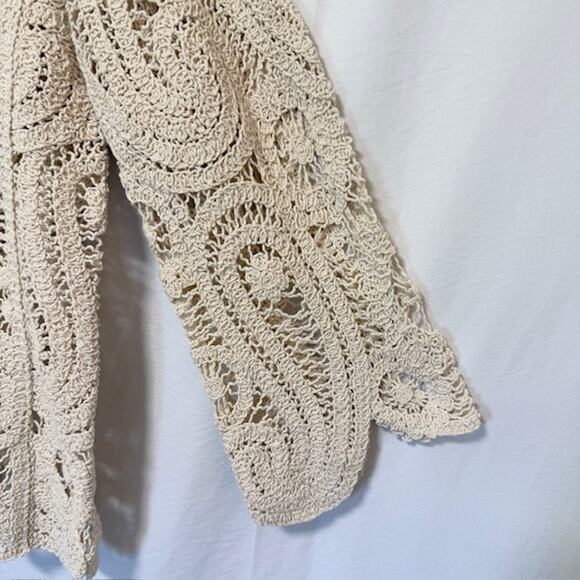 Womens Open Knit Crochet Paisley Sweater Large Cottagecore Oatmeal Boho - Picture 4 of 12